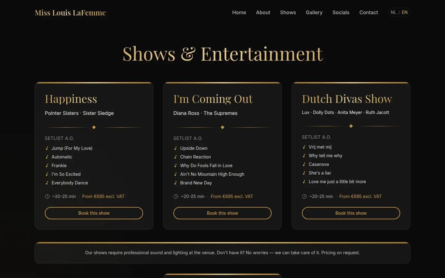 Three shows, priced and bookable