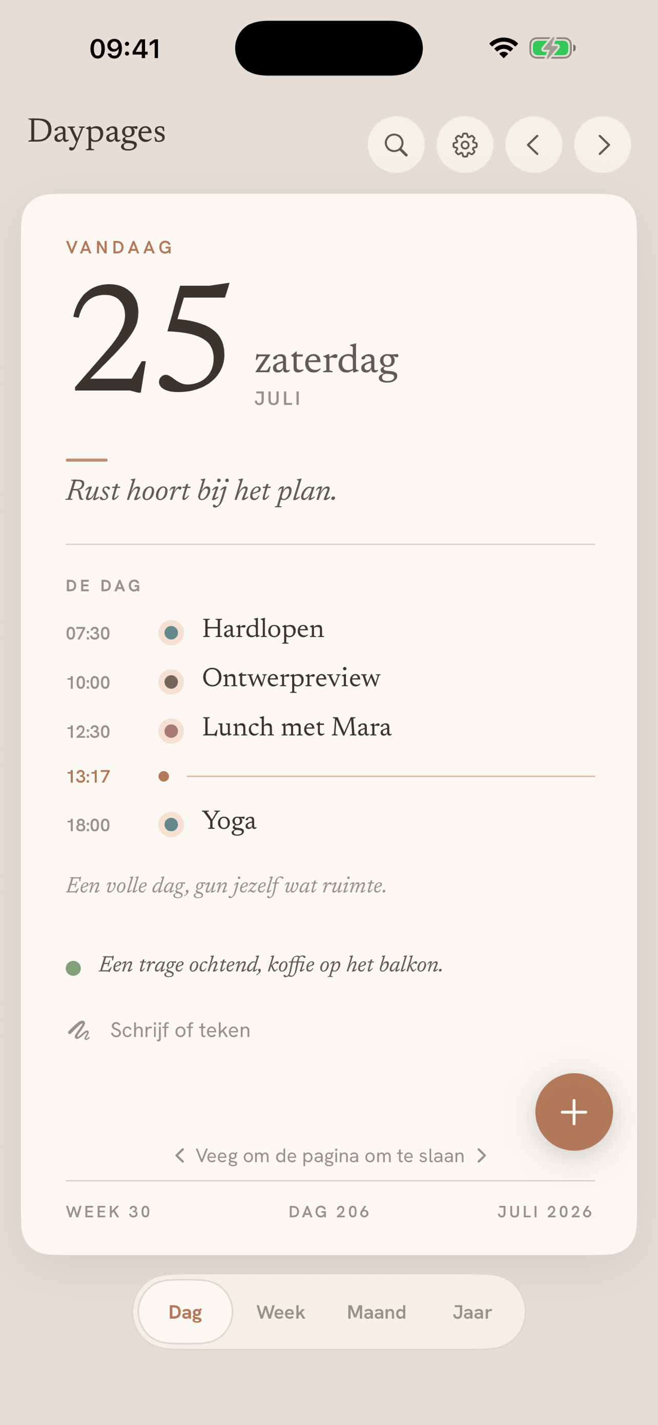 Day view: one calm page per day